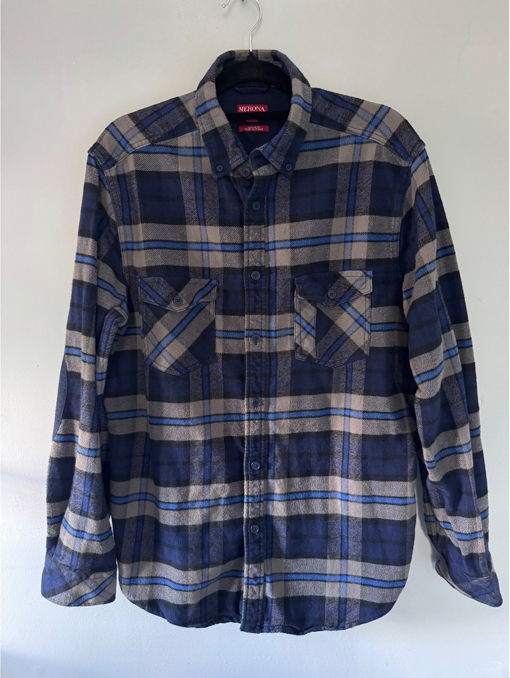 Merona Men's Blue and Gray Plaid Cotton Button-Up Shirt
